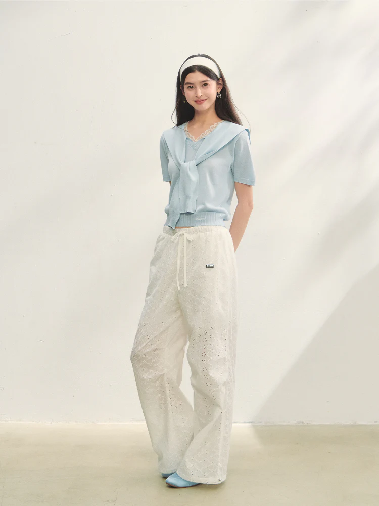 Hollow Embroidery Tie-up Casual Pants