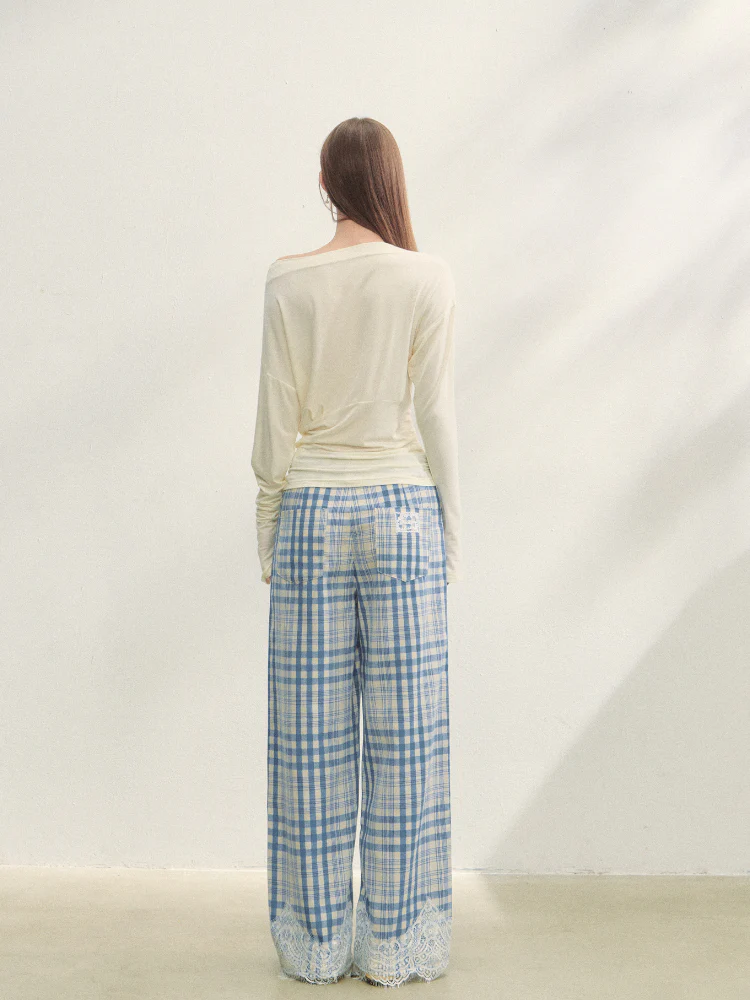 Lace Panel Checked Straight-Leg Pants