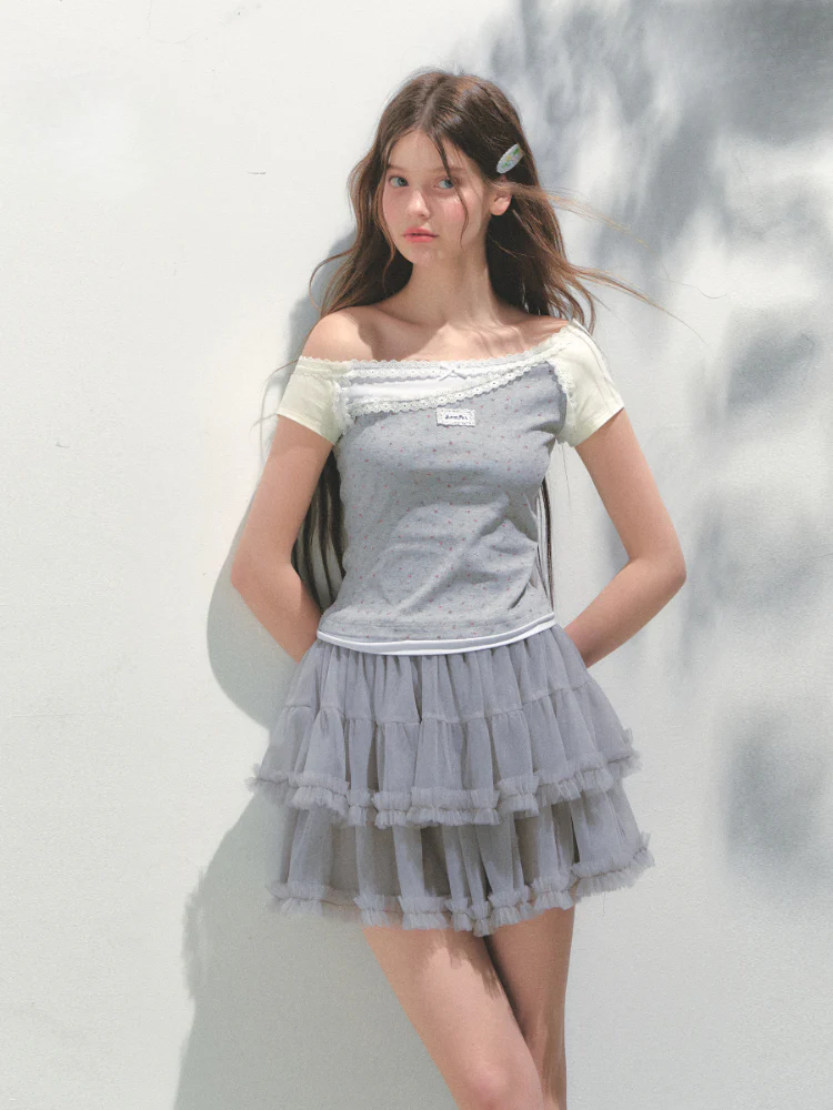 Off-shoulder Fake Three-piece Asymmetric Shoulder T - shirt