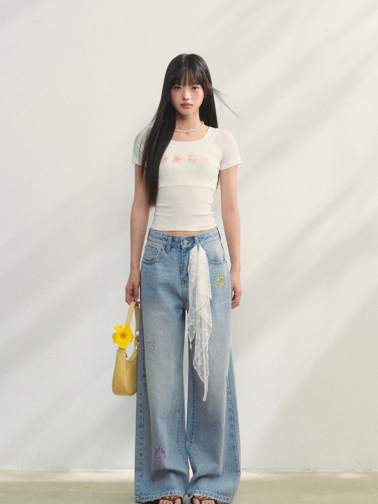 Crew Neck Printed Backless Embroidered T-Shirt