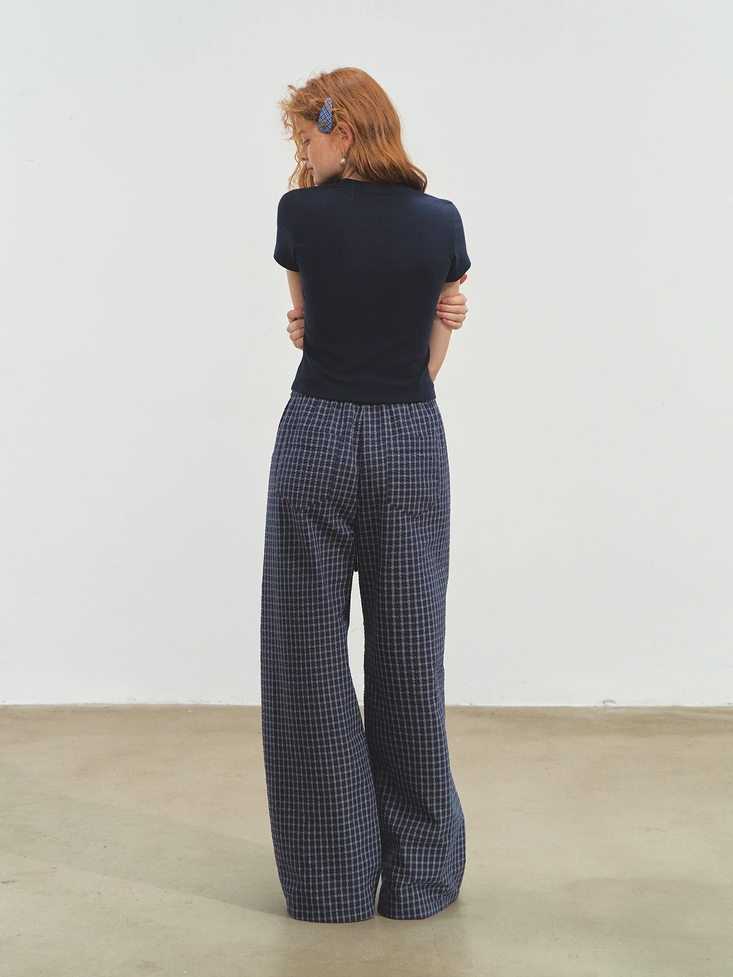 Double-layer Waistband Checkered Drawstring Pants