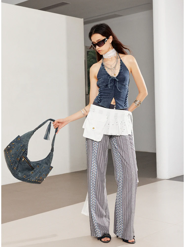 Printed Spliced Low-Waist Striped Wide-Leg Pants