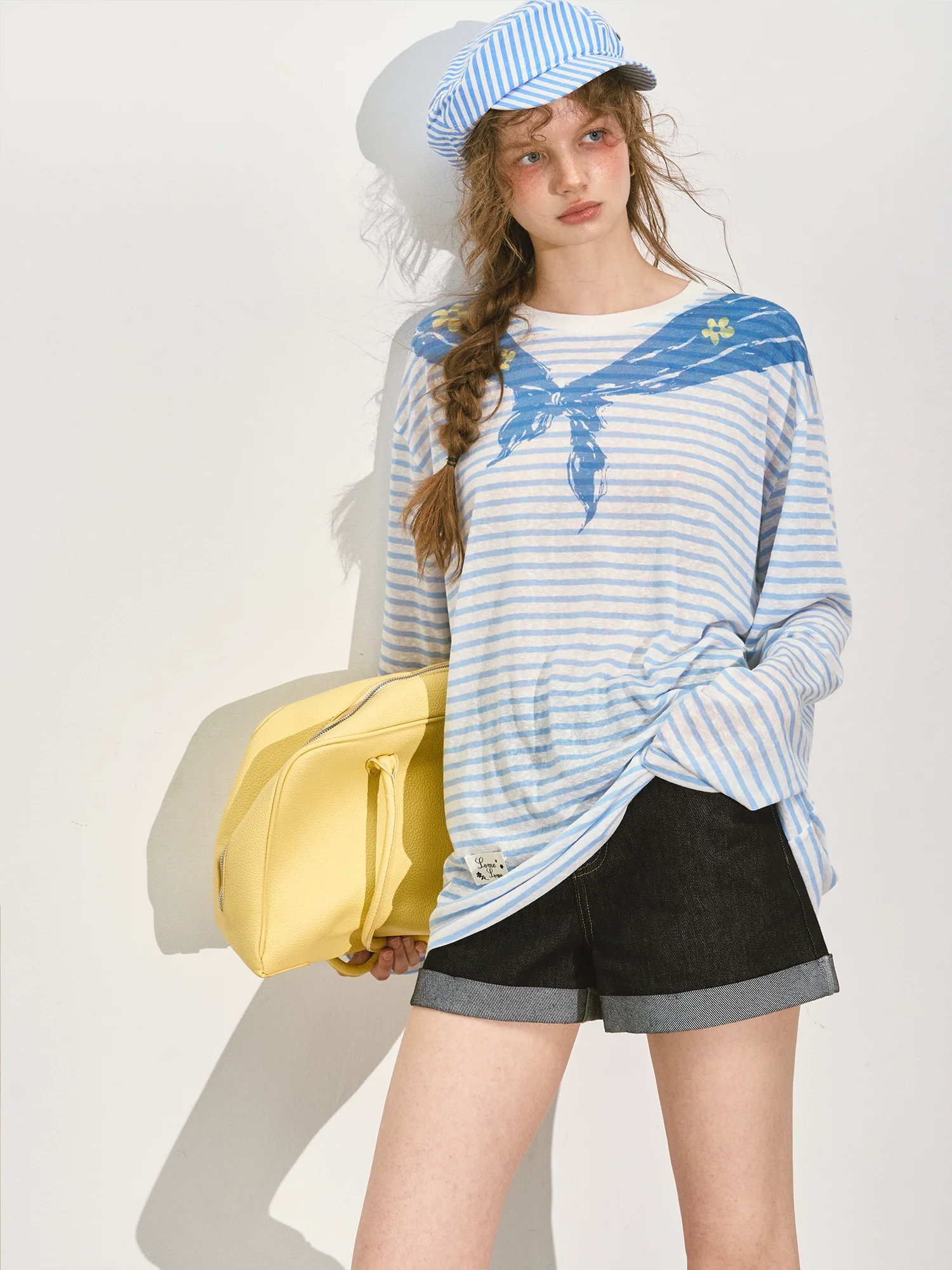 Navy Collar Printed Striped Long-Sleeve T-Shirt
