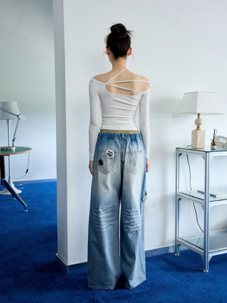 Light Blue Mud-Dyed Badge Wide-Leg Jeans