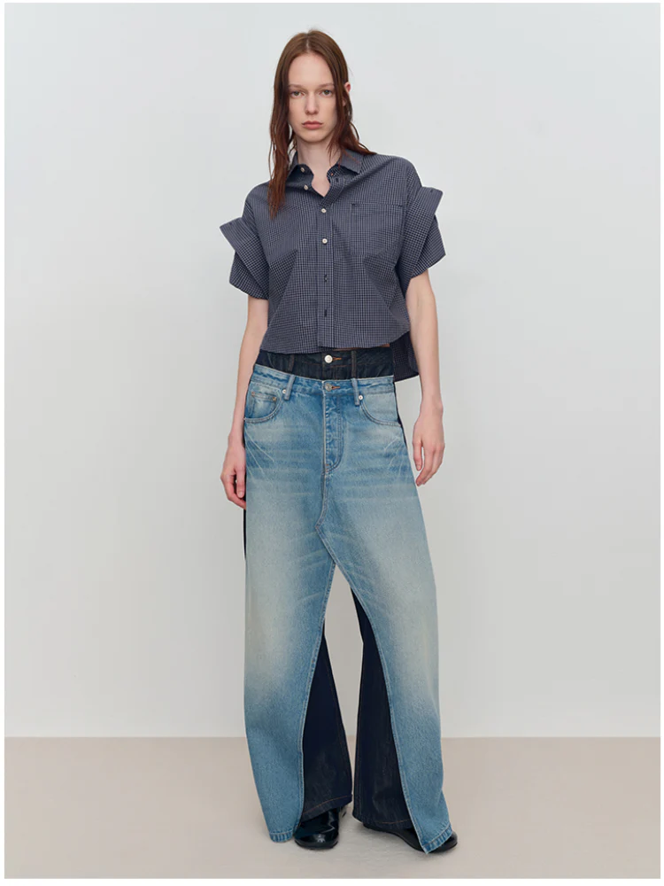 Spliced Fake Two-Piece Wide-Leg Jeans