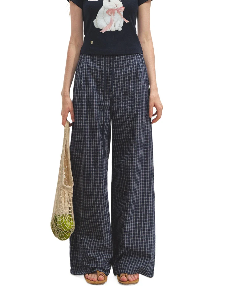 Double-layer Waistband Checkered Drawstring Pants