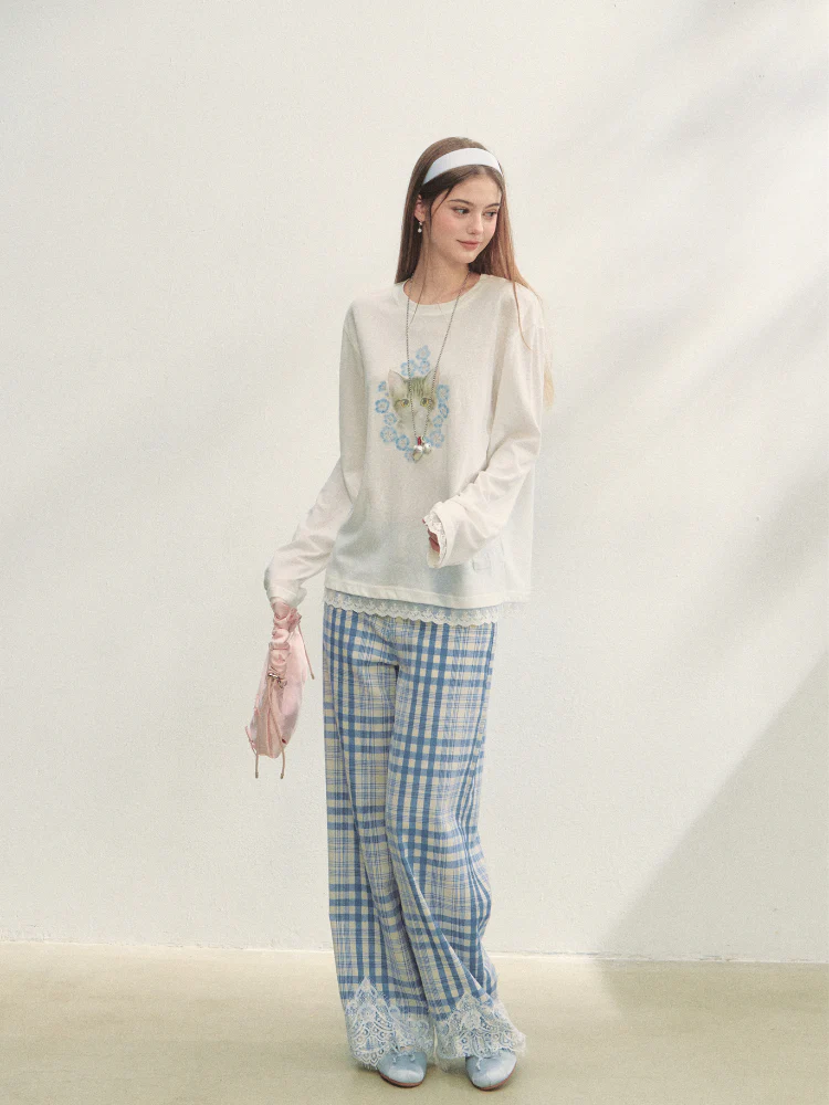 Lace Panel Checked Straight-Leg Pants