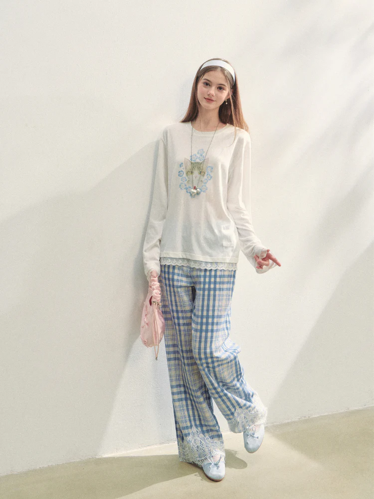 Lace Panel Checked Straight-Leg Pants