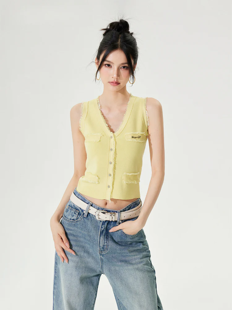 Lyocell V-Neck Raw-edge Ice-silk Vest