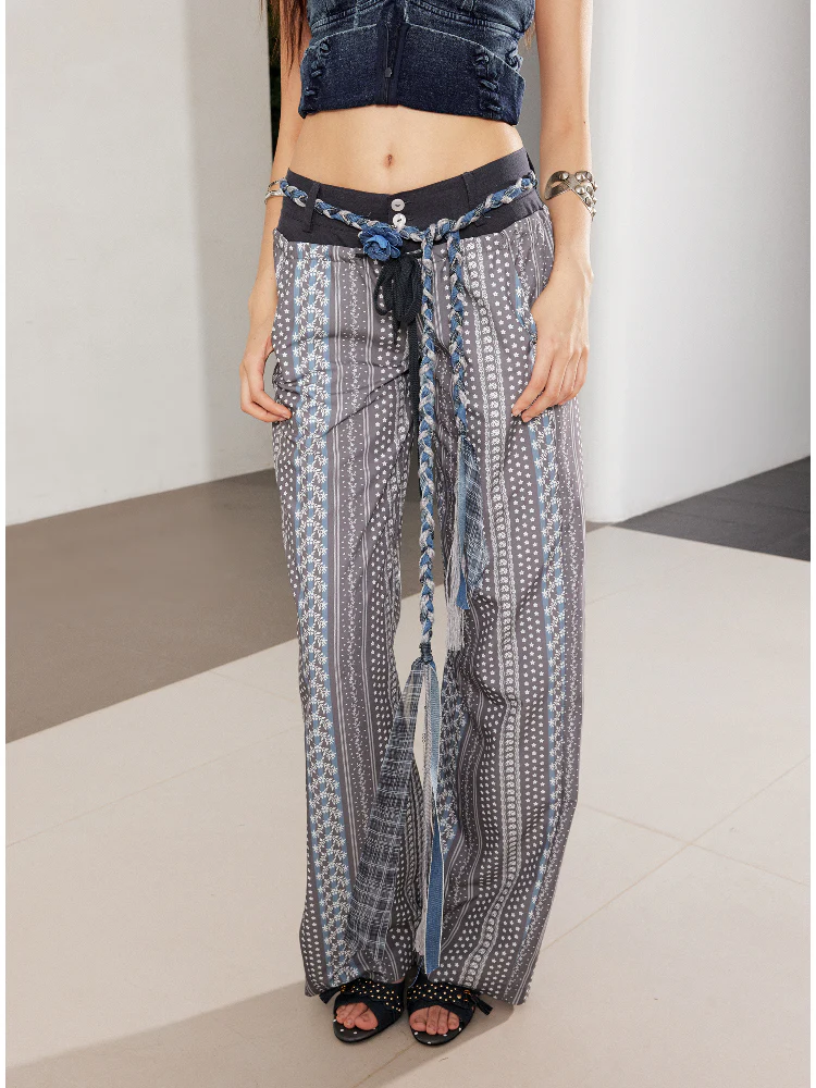 Printed Spliced Low-Waist Striped Wide-Leg Pants
