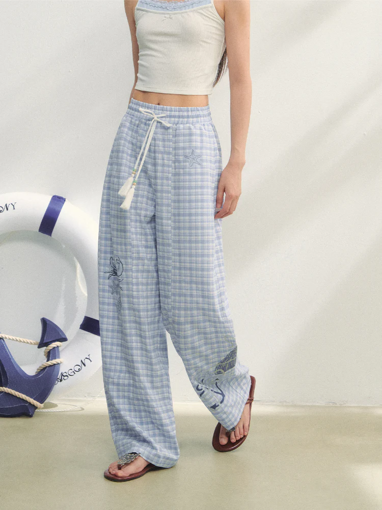 Checkered Print High-Waist Tie Pants