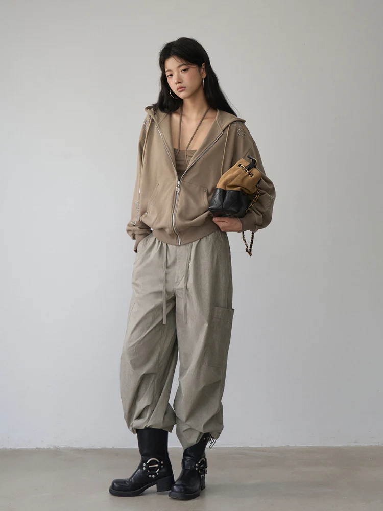 Gray 3D Pockets Wide-leg Pants