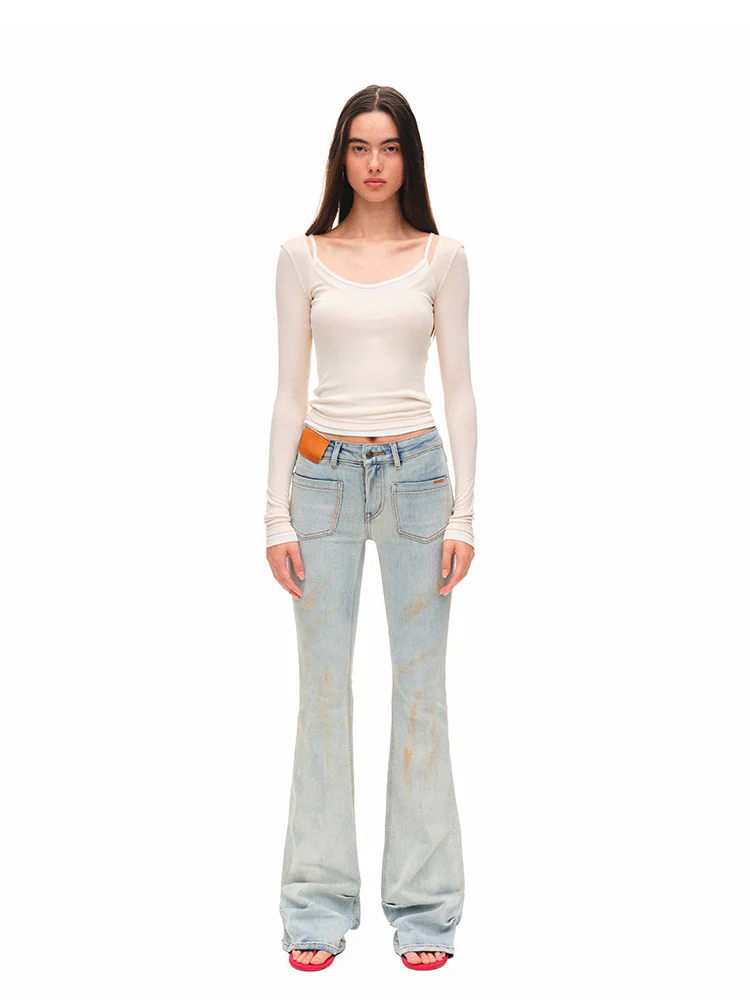 Washed Low-waist High-stretch Micro-flare Jeans