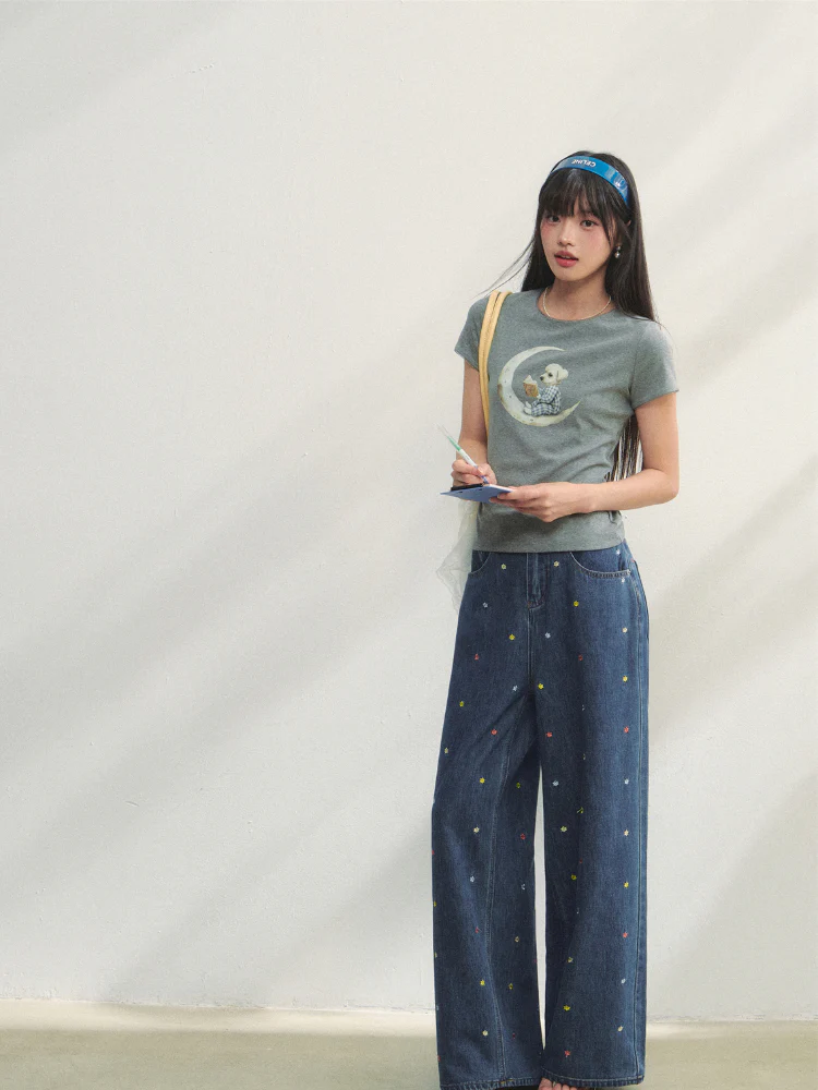 Grey Printed Slim-Fit Knit T-Shirt