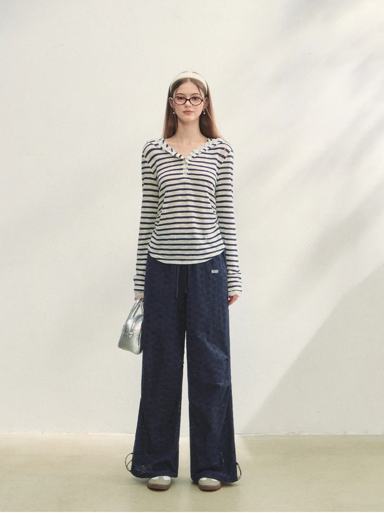 Hollow Embroidery Tie-up Casual Pants