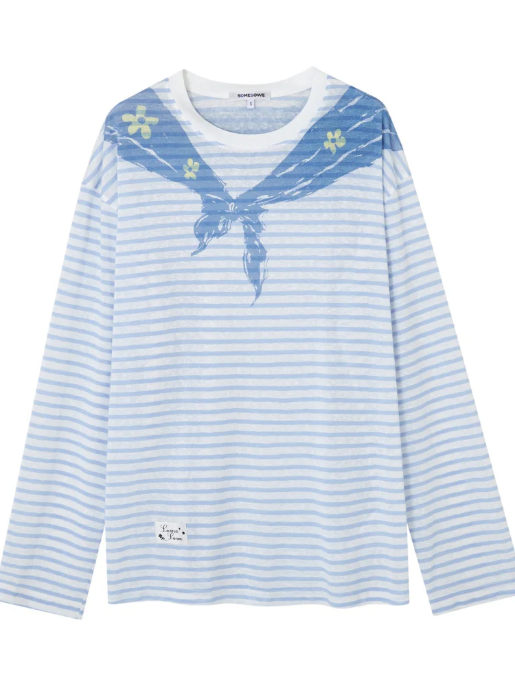 Navy Collar Printed Striped Long-Sleeve T-Shirt