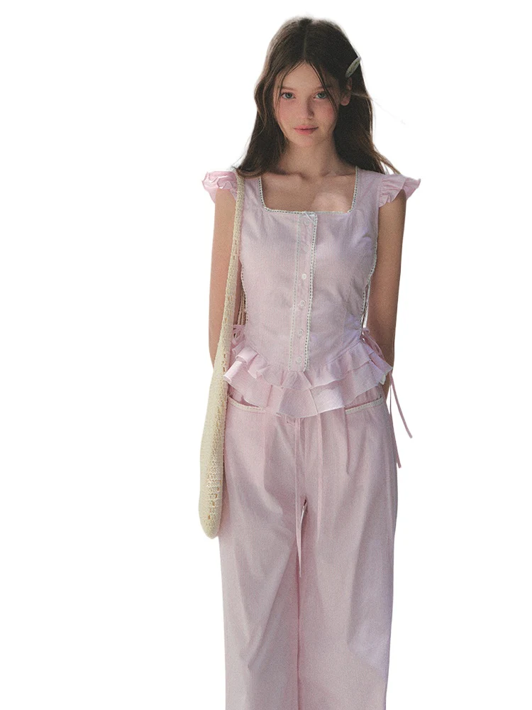 Pink Striped Flutter Sleeve Shirt