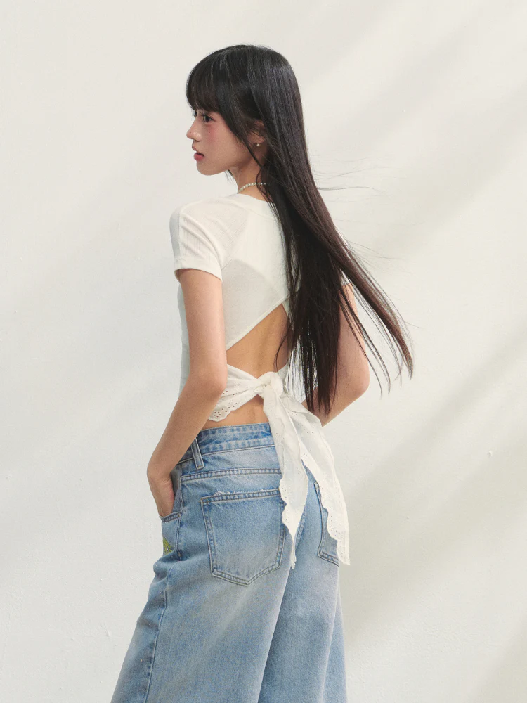 Crew Neck Printed Backless Embroidered T-Shirt