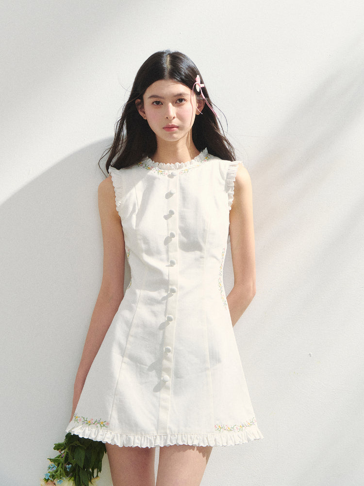 Embroidered Floral Waist-Tie Dress