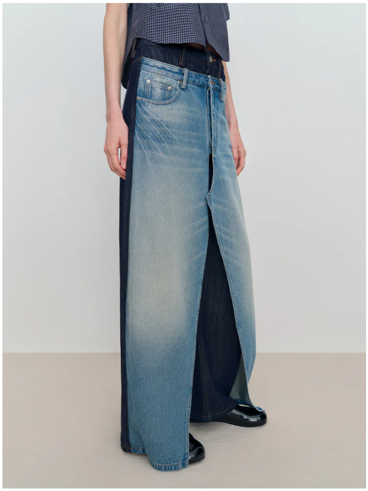 Spliced Fake Two-Piece Wide-Leg Jeans