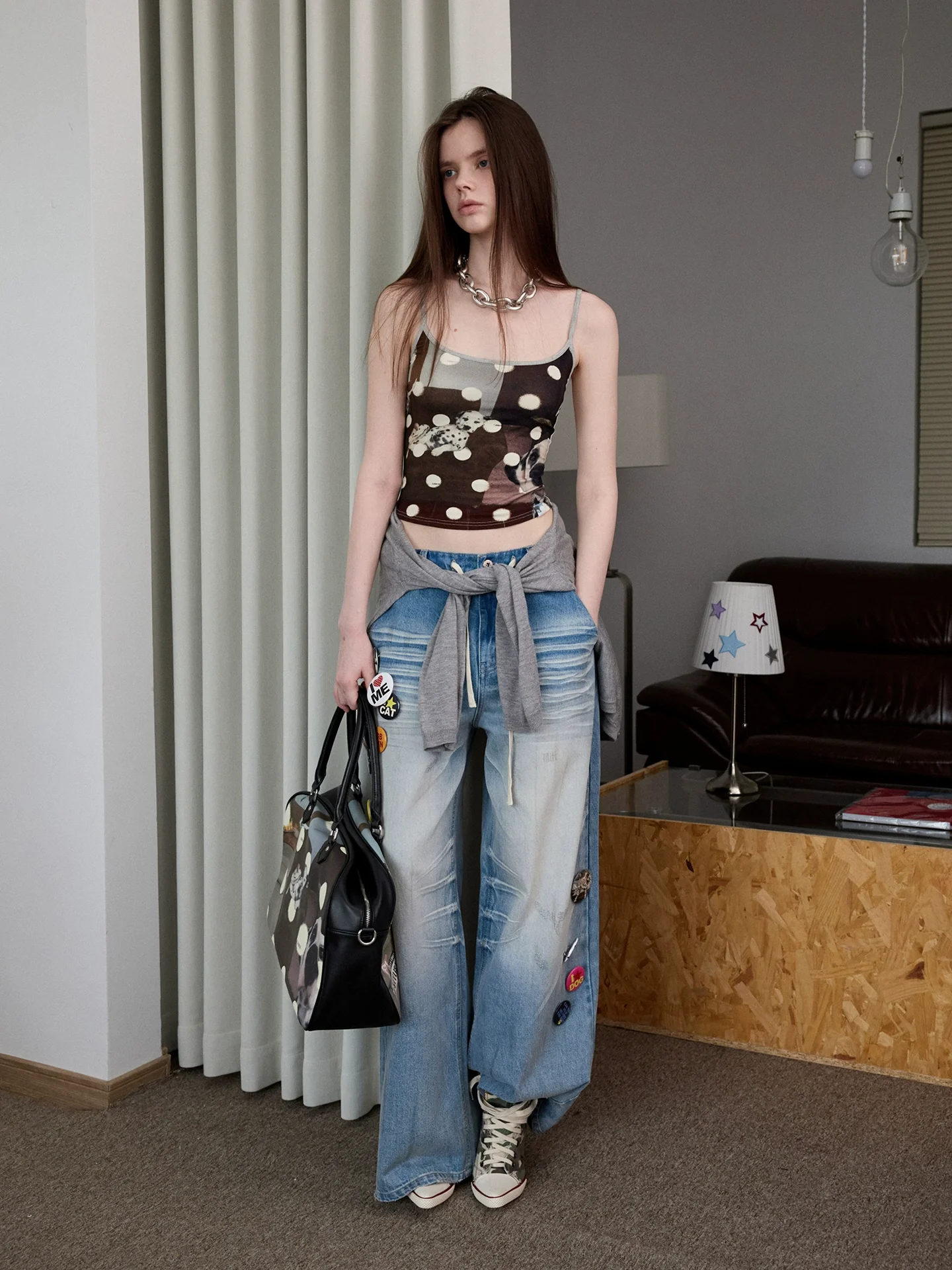 Light Blue Mud-Dyed Badge Wide-Leg Jeans
