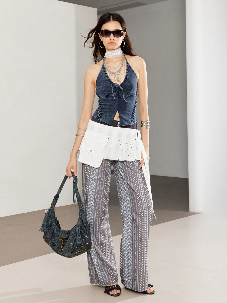 Printed Spliced Low-Waist Striped Wide-Leg Pants
