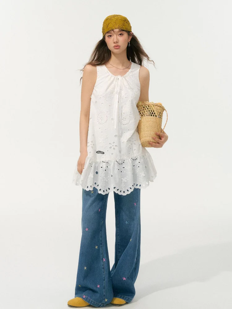 White 3D Embroidered Sleeveless Dress