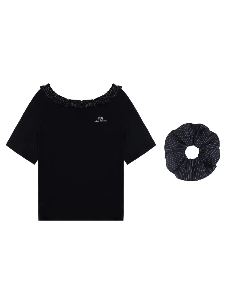 Checkered Asymmetric Shoulder Short-Sleeve T-Shirt & Pants Set