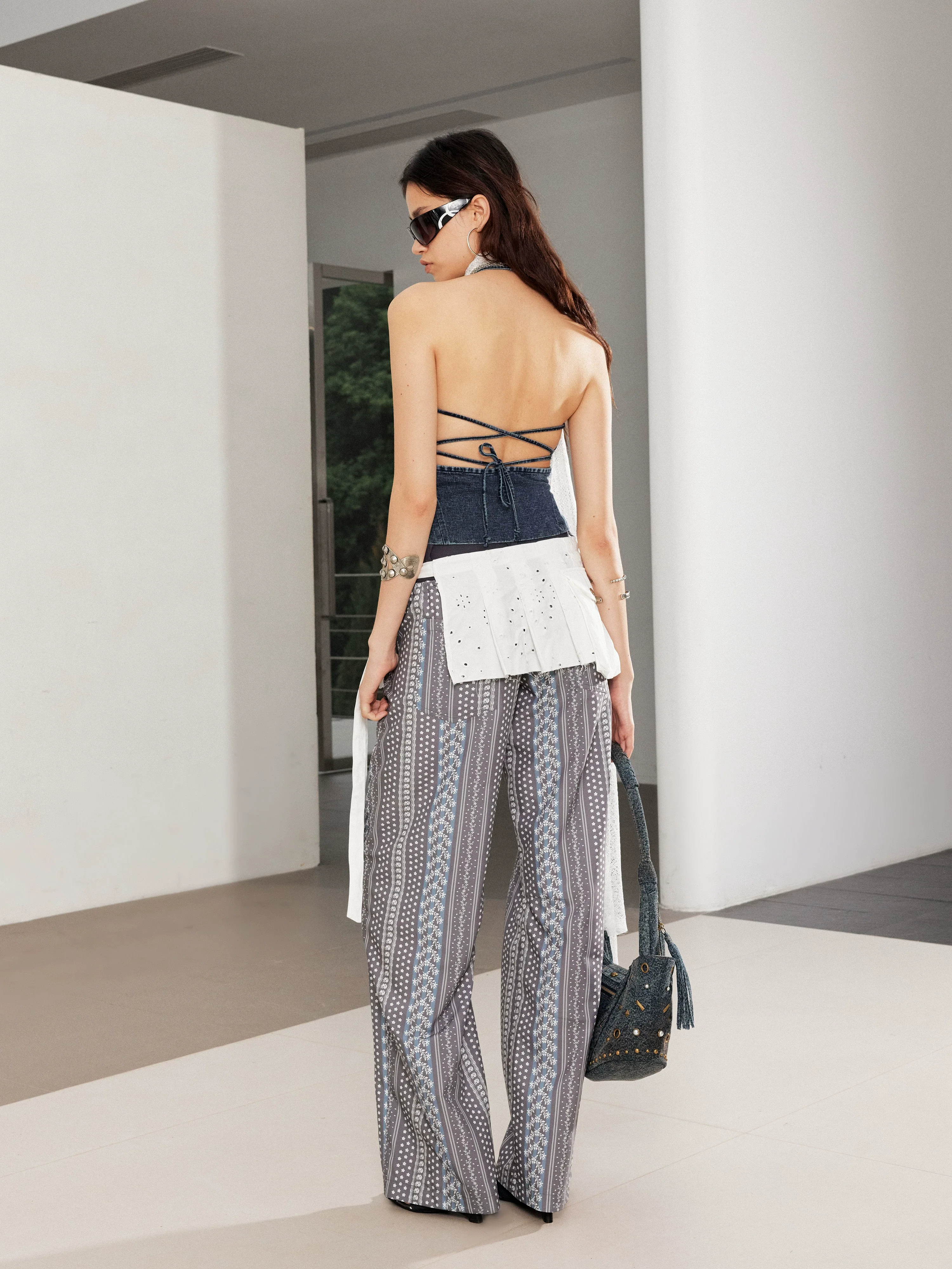 Printed Spliced Low-Waist Striped Wide-Leg Pants