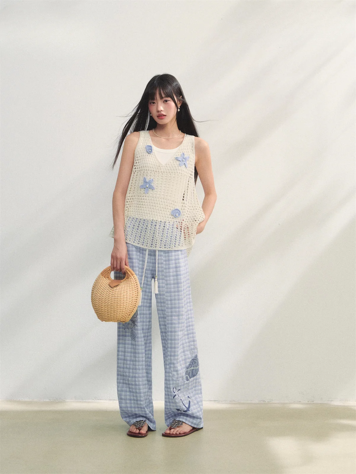 Checkered Print High-Waist Tie Pants