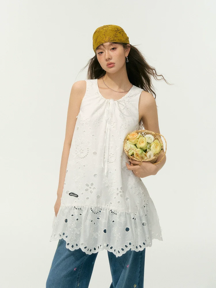 White 3D Embroidered Sleeveless Dress