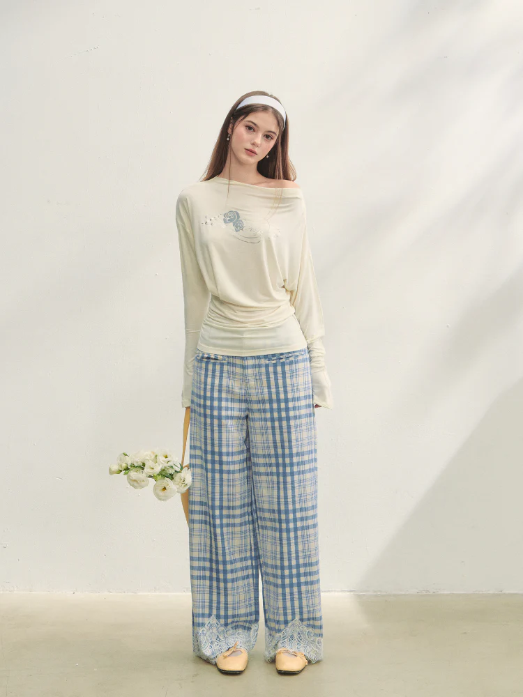 Lace Panel Checked Straight-Leg Pants
