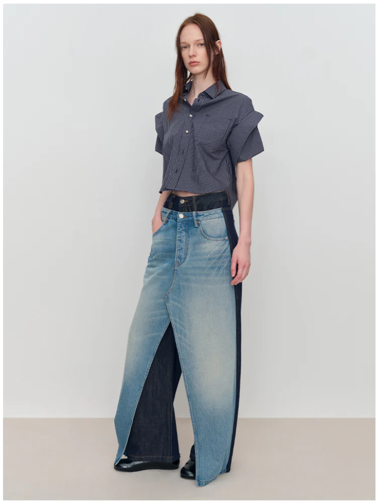 Spliced Fake Two-Piece Wide-Leg Jeans