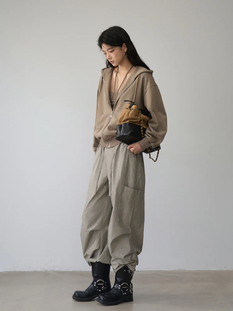 Gray 3D Pockets Wide-leg Pants