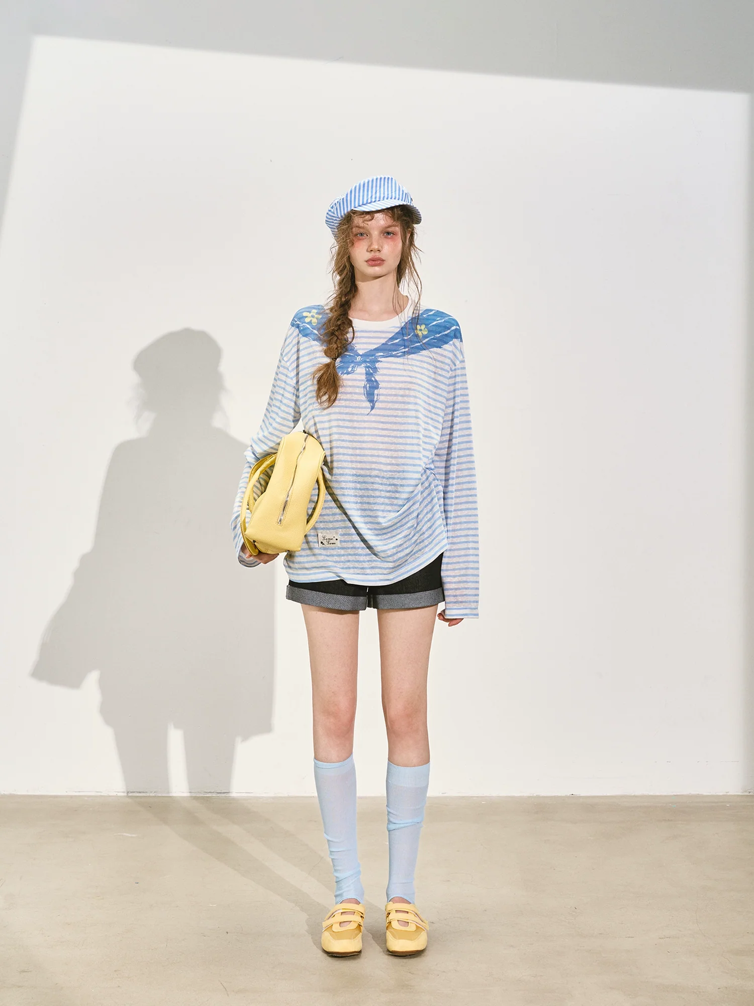 Navy Collar Printed Striped Long-Sleeve T-Shirt