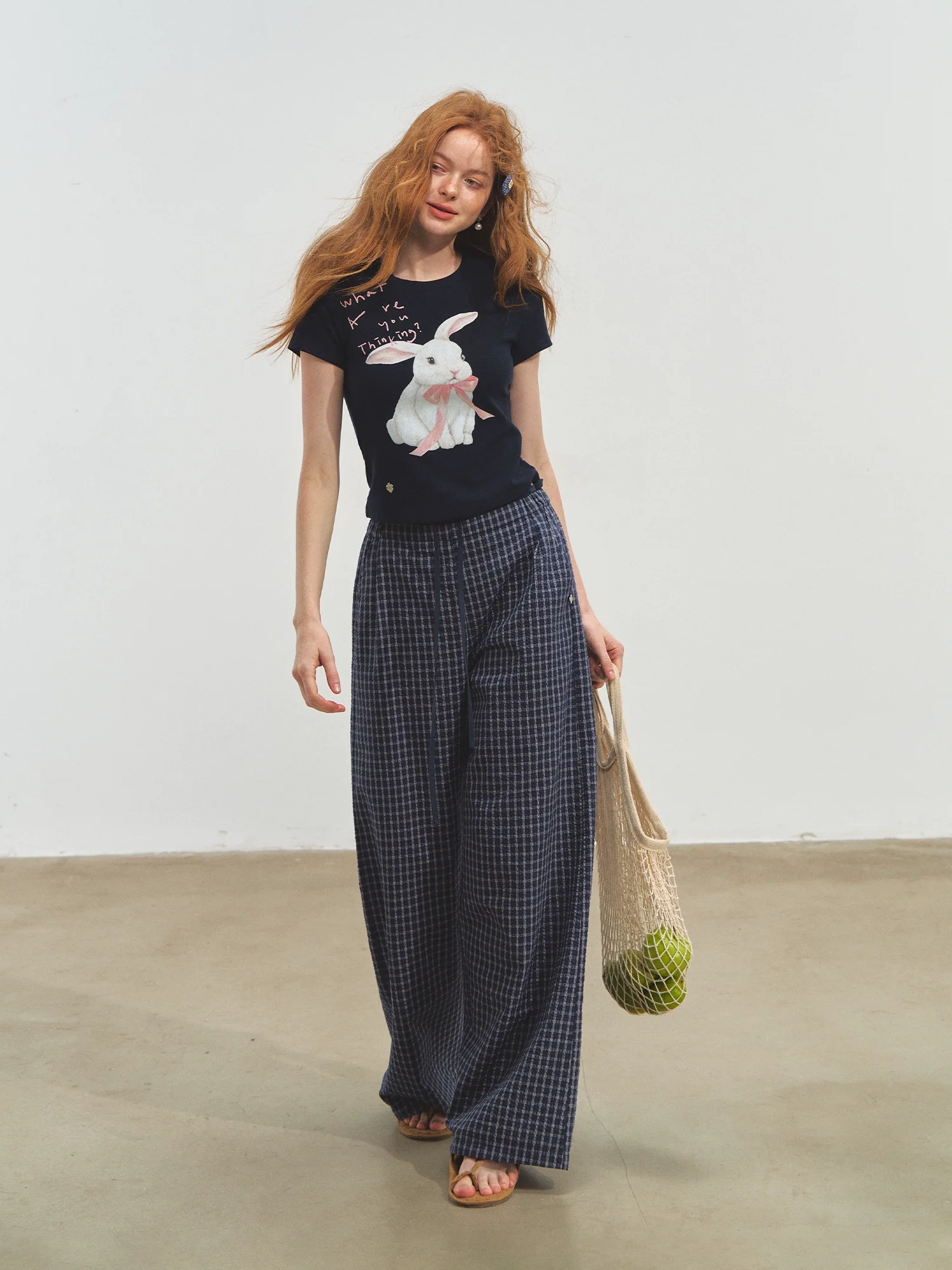 Double-layer Waistband Checkered Drawstring Pants