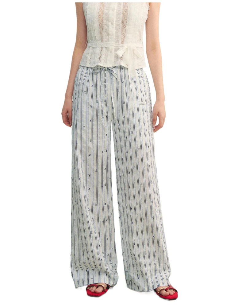 Striped Print Patchwork Embroidery Lace Straight Pants