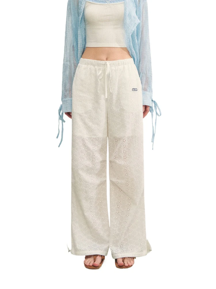Hollow Embroidery Tie-up Casual Pants