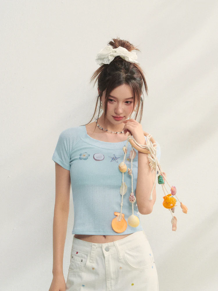 Crew Neck Printed Backless Embroidered T-Shirt