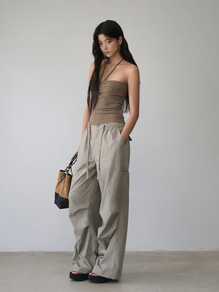 Gray 3D Pockets Wide-leg Pants