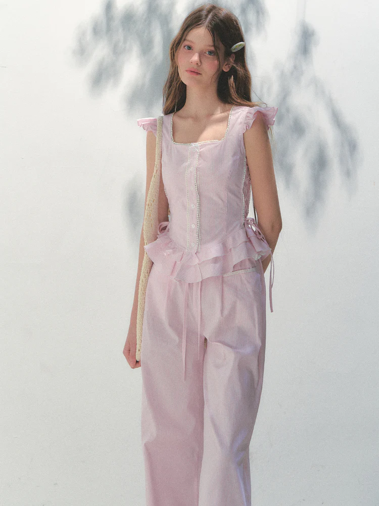 Pink Striped Flutter Sleeve Shirt