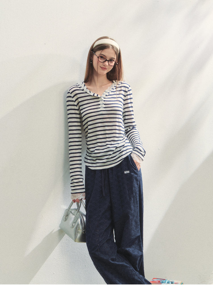 Hollow Embroidery Tie-up Casual Pants