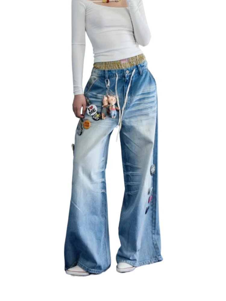 Light Blue Mud-Dyed Badge Wide-Leg Jeans