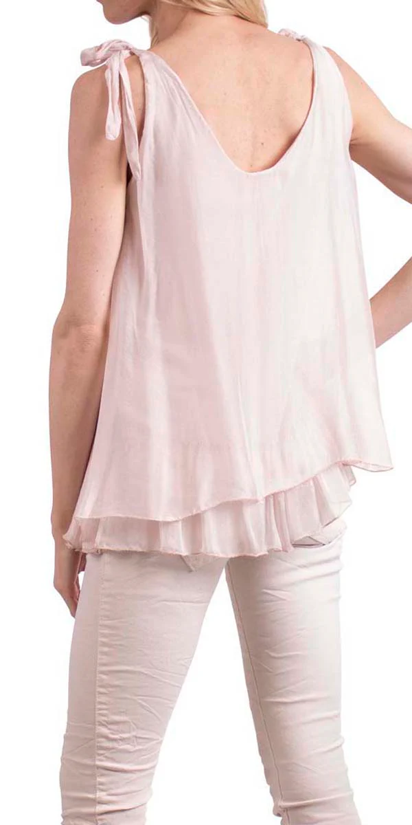 Double U-Neck Silk Tank with Shoulder Tie