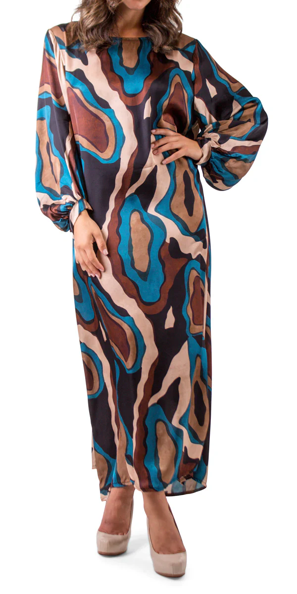 Abstract Wave Print Boat Neck Keyhole Back Satin Maxi Dress