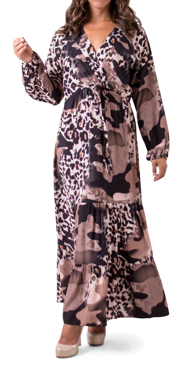Maxi Ruffled Dress with Waist Tie and Camo Leopard Print