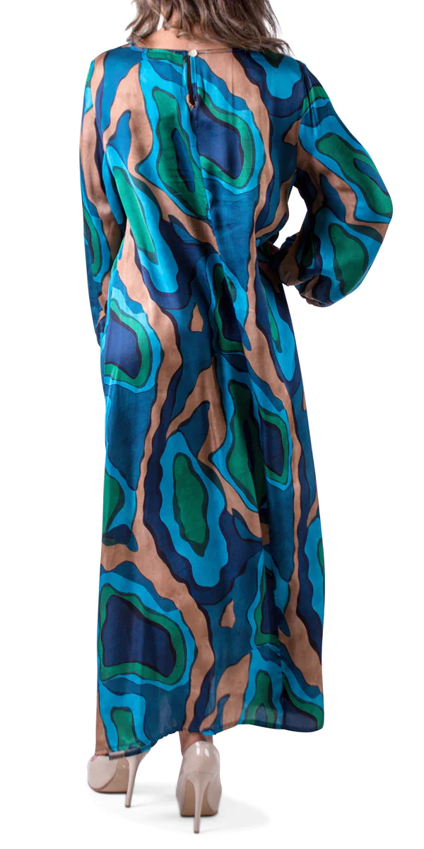 Abstract Wave Print Boat Neck Keyhole Back Satin Maxi Dress