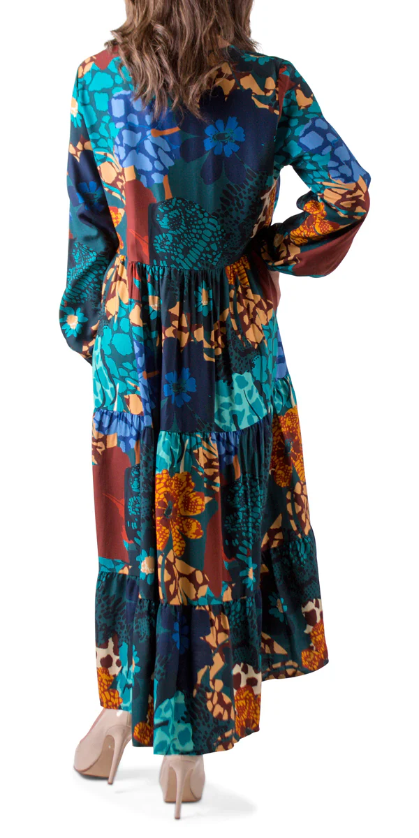 V-Neck Flowers Patch Maxi Tiered Dress