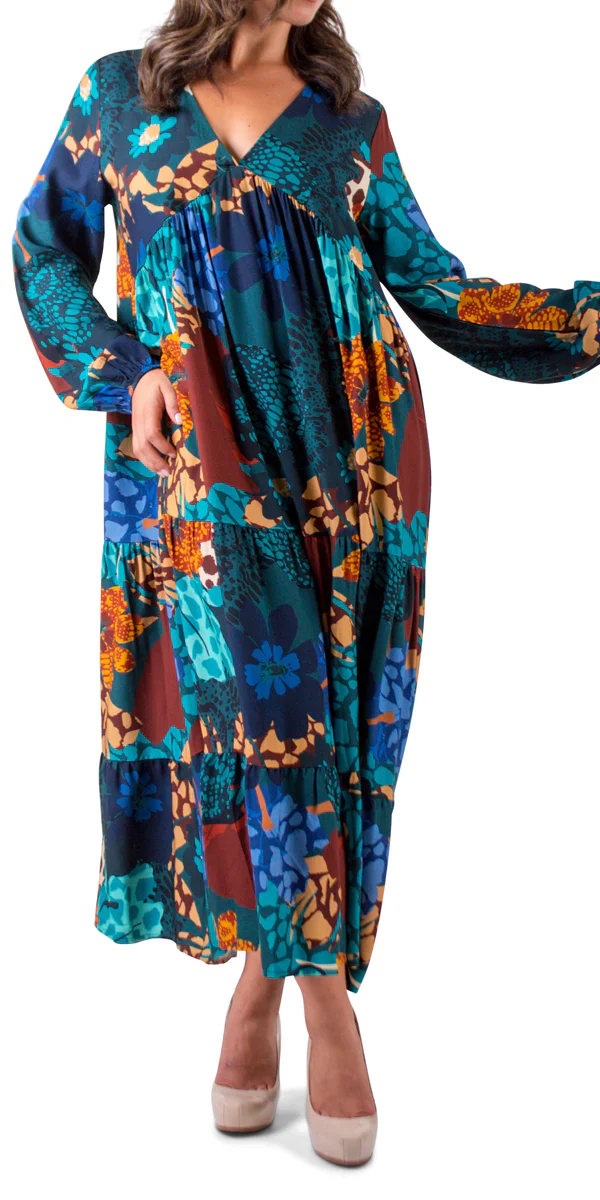 V-Neck Flowers Patch Maxi Tiered Dress