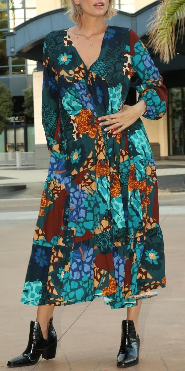 V-Neck Flowers Patch Maxi Tiered Dress